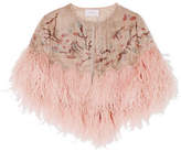 Marchesa - Feather-trimmed Beaded Tulle Cape - Beige