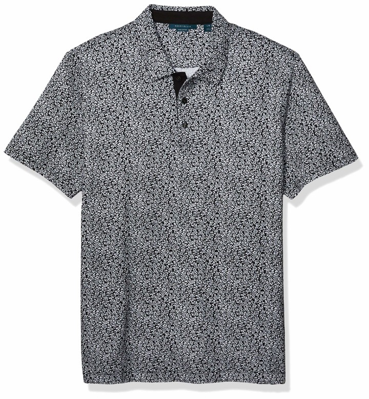 Perry Ellis Mens Pima Cotton Sketch Floral Print Short Sleeve Polo Shirt 