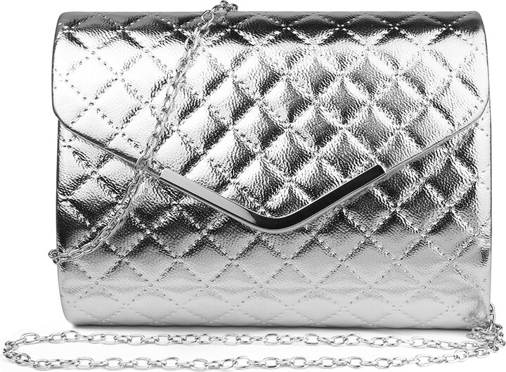 QuiltedClutch Quilted Texture Clutch Bag with Silver Chain Shoulder Strap for Women Travel Organization