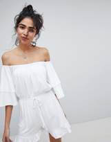 Thumbnail for your product : ASOS Design DESIGN Off Shoulder Jersey Romper With Frill Hem-Red