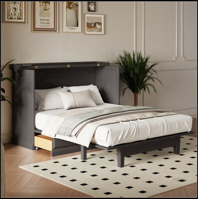 Gracie Oaks Solid Pine Murphy Bed Chest Cube Cabinet Bed With Charging Station And Large Storage Drawer For Home Office Or Small Room,Full