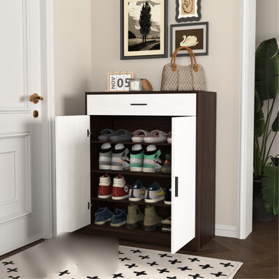 Ebern Designs Wooden Shoe Cabinet With 1 Drawer, 4 Freestanding Rack For Living Room, Classic And Functional Organizer, Drawer Hallway, Ample Storage Space, Minimal