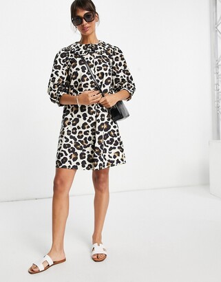 Vila leopard print mini shirt dress with ruffle collar