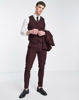 Thumbnail for your product : ASOS DESIGN wedding skinny wool mix suit waistcoat in burgundy herringbone