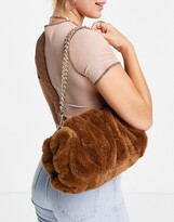 Thumbnail for your product : ASOS DESIGN oversized ruched clutch bag in brown faux fur with detachable shoulder chain