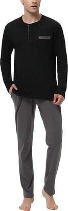 Aiboria Mens Pajama Set Cotton Pajamas PJ Set Long Sleeve Top & Pants for Man Sleepwear Loungewear Nightwear Black-styleb S