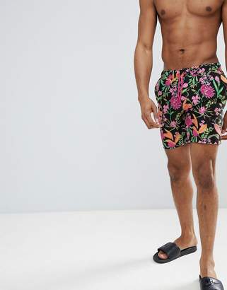 ASOS Design DESIGN Swim Shorts In Black With Bright Floral Print In Mid Length