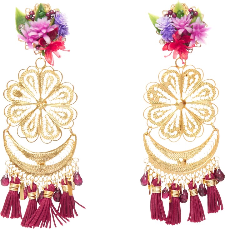Mercedes Salazar Flower Metal Tassel Plastic Clip Earrings