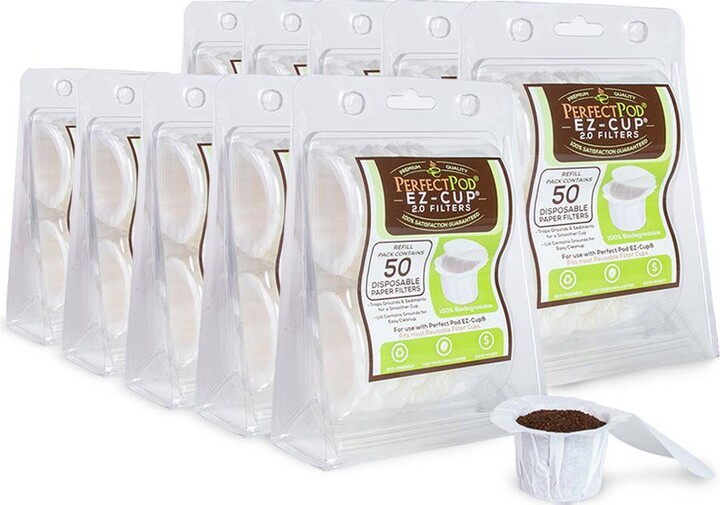 Perfect Pod EZ-Cup 2.0 Disposable Paper Filters with Patented Lid Design for Reusable Coffee Pods 10-Pack (500 Filters )