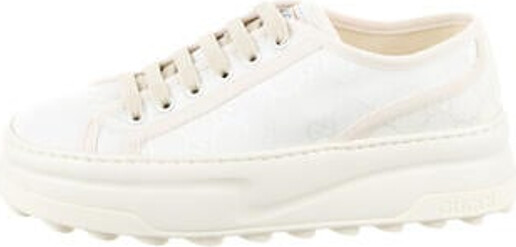 Gucci Canvas Low Top Sneakers White Rubber Trim Round-Toes Platform Lace-Up Closure at Uppers Includes Box, Dust Bag & Additional Laces Designer
