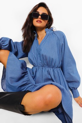 boohoo High Neck Plunge Tiered Chambray Dress