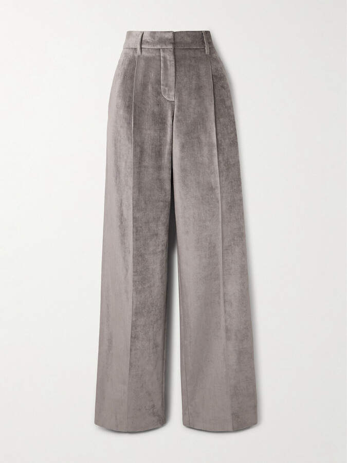 Brunello Cucinelli Pleated Cotton-blend Velvet Wide-leg Pants - Silver