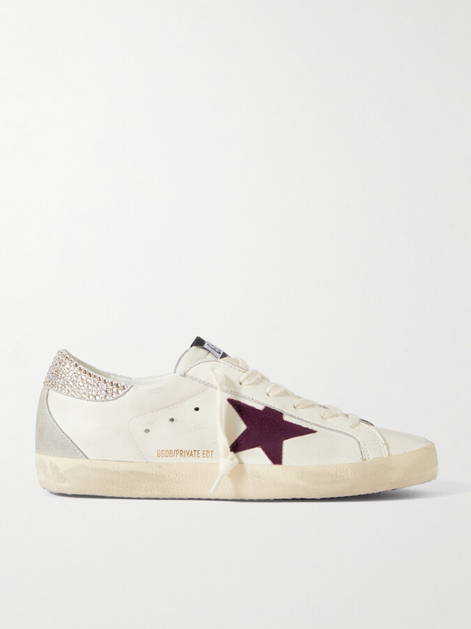 Golden Goose Super-star Crystal-embellished Velvet-trimmed Distressed Leather Sneakers - White