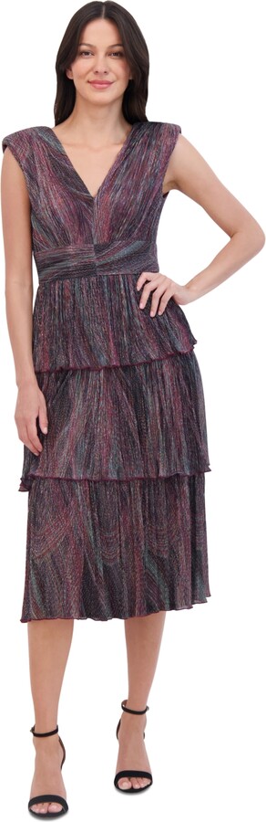 Vince Camuto Women's Crinkled Metallic-Knit Extended-Shoulder Tiered V-Neck Midi Dress