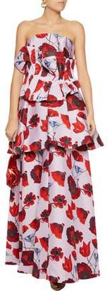 Osman Lua Strapless Tiered Floral-Print Twill Gown