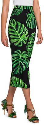 Dolce & Gabbana Tropical Leaf-Print Charmeuse Midi Pencil Skirt