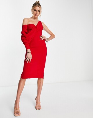 ASOS DESIGN drape one shoulder asymmetric midi dress in red