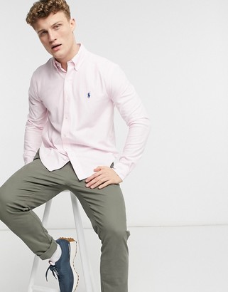 Polo Ralph Lauren slim fit player logo stripe pique shirt in carmel pink &  white - ShopStyle