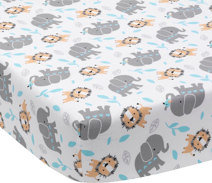 Bedtime Originals Baby Jungle Fun White/Gray/Blue Elephant & Lion Fitted Crib Sheet