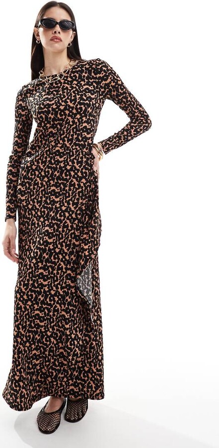 ASOS DESIGN crinkle long sleeve maxi dress in leopard print