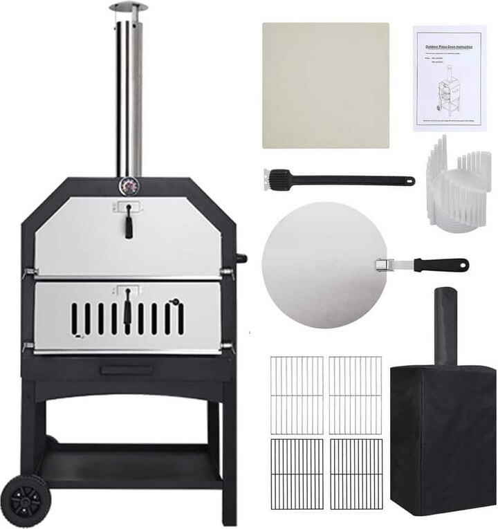 Garvee Wood Fired Outdoor Pizza Oven in Black with Wheels, 12 in. Pizza Stone and Protective Cover