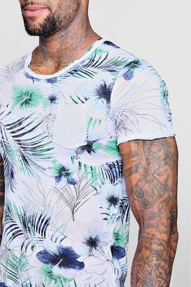 boohoo Tropical Floral Print Longline Curved Hem T-Shirt