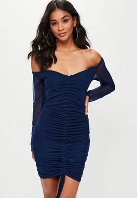 Missguided Navy Mesh Bardot Ruched Front Bodycon Dress, Blue