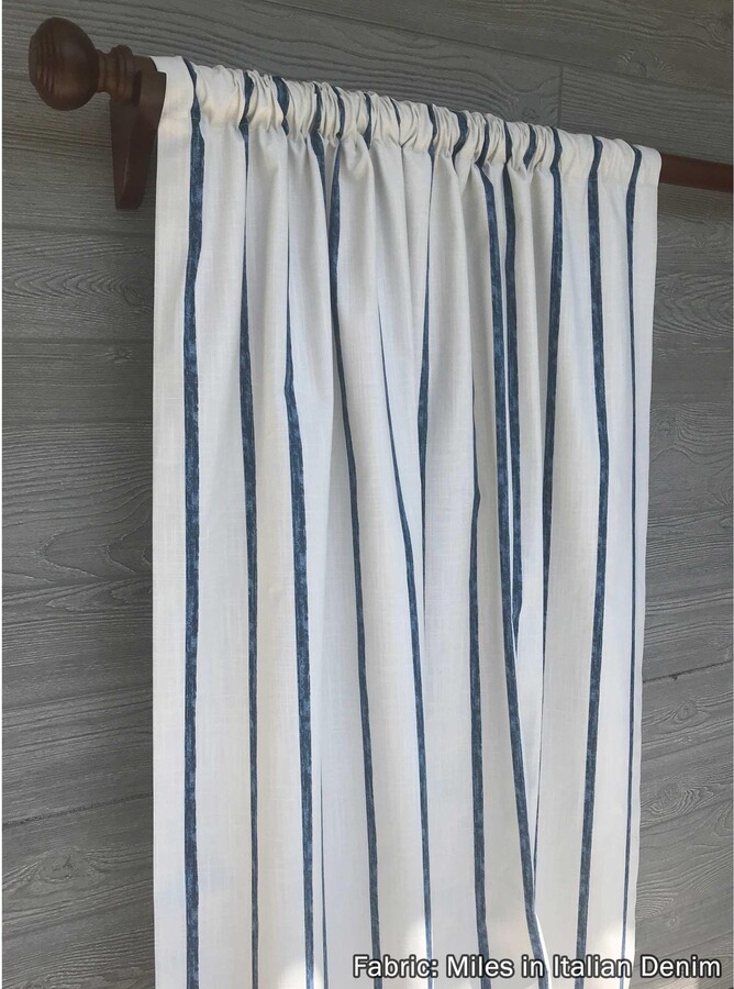 Miles in Italian Denim Rod Pocket Drapery 84 96 108, Modern Farmhouse Stripe Navy On Off White, Slub Texture, Sold Per Each Single Panel