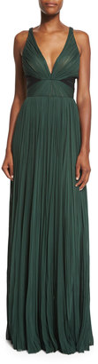 J. Mendel V-Neck Pleated Chiffon Gown, Spruce