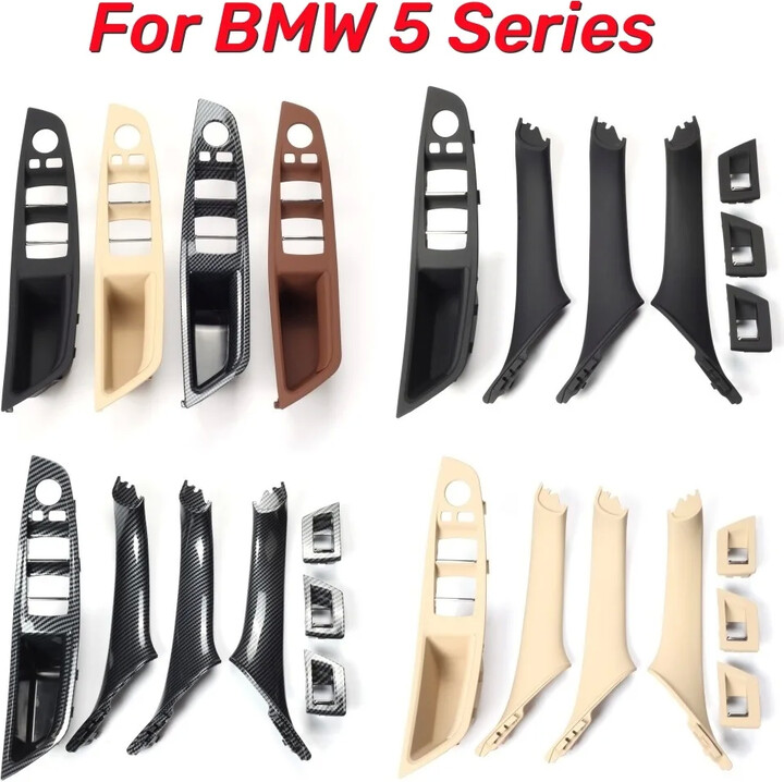 For BMW 5 Series F10 F18 Left Drive LHD 7Pcs 2010-2016 Beige Black Carbon Fiber Car Interior Door Handle Plate Decorative Cover