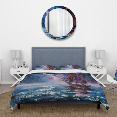 Design Art Wooden Sailboat With Red Sails & Bright Night Sky - Nautical Duvet Cover Set - Microfiber Polyester