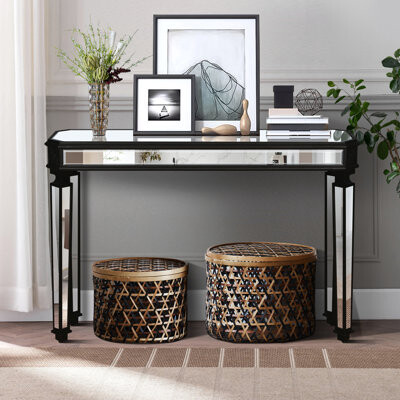 DAPPER DOODLES INC Black Mirror Console Table Vintage Wood Grain Carving Process Gorgeous And Noble For Entryway Sofa TableLiving Room(48''W X 32.3''H)