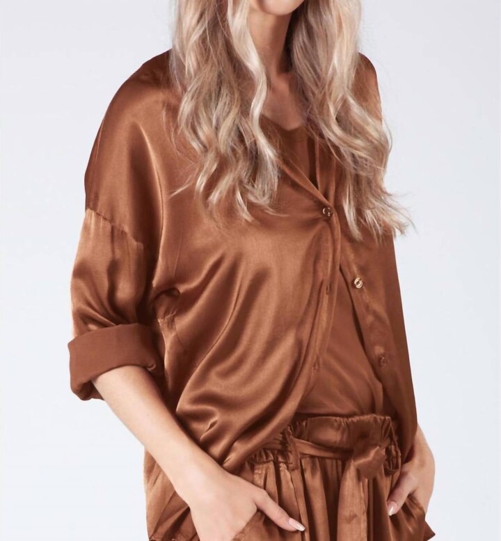 GRETTY ZUEGER Satin Long Blouse In Cinnamon ShopStyle Tops