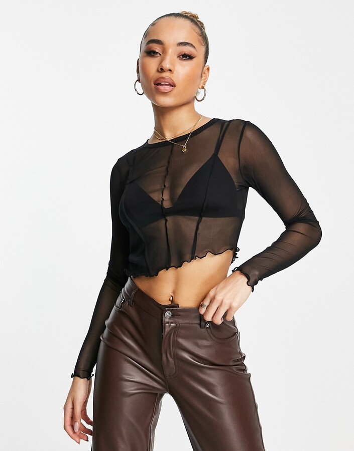 ASOS DESIGN long sleeve mesh top with seam detail in black - BLACK -  ShopStyle