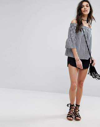 Abercrombie & Fitch Off-Shoulder Gingham Button-Front Shirt