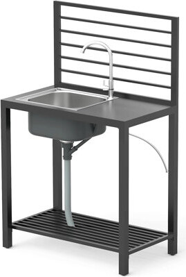 Outdoor Kitchen Island With Storage, Aluminum Kitchen Storage Island Stainless Steel Outdoor Sink W/Faucet & Drainboard, Freestanding Storage Shelves