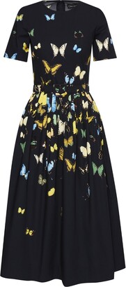 Butterfly-Print Pleated Midi Dress