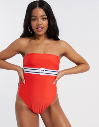 Brave Soul belted bandeau swimsuit in red