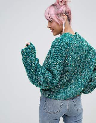 ASOS DESIGN Sweater In Crop With Wide Sleeve Pom Pom Yarn