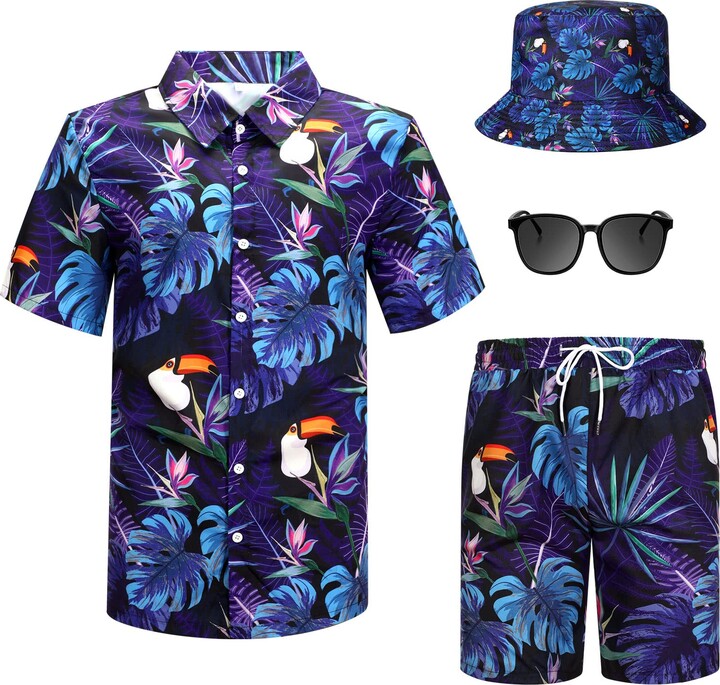 Harloon 4 Pcs Mens Hawaiian Shirts and Shorts Set Tropical Casual