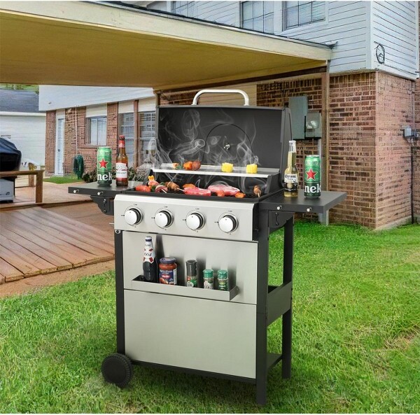 ELJGET4BurnerBBQPropaneGasGrill,StainlessSteel34,200BTUPatioGardenBarbecueGrillwithTwoFoldableShelves