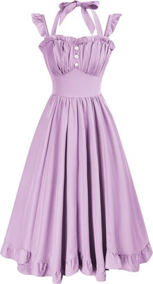 SCARLET DARKNESS Cocktail Dress Women Fancy Short Sleeves Pleated Dress A Line Party Evening Retro XL Purple 170S22-1