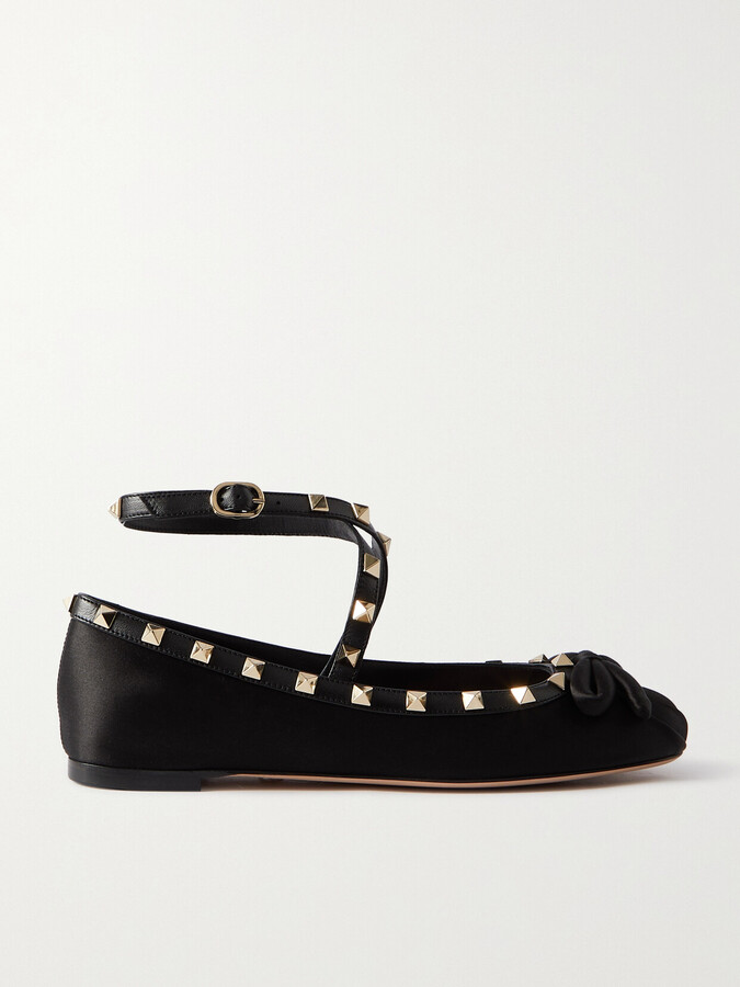 Valentino Garavani Rockstud Leather-trimmed Satin Ballet Flats - Black