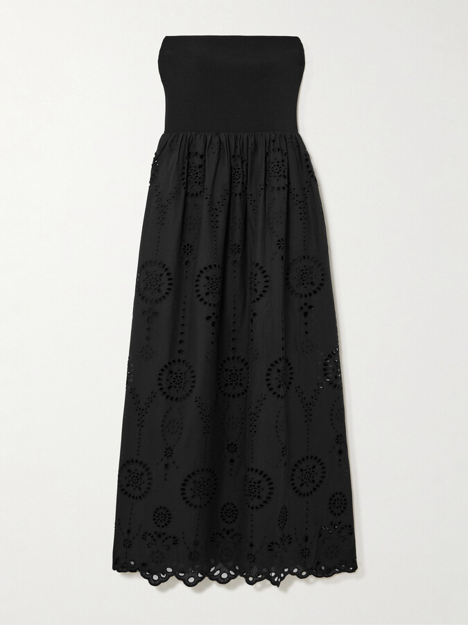 Matteau Strapless Broderie Anglaise Organic Cotton And Stretch-knit Midi Dress - Black