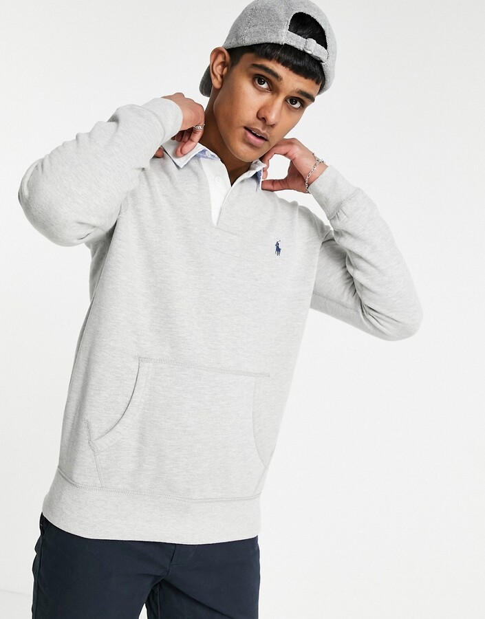 Polo Ralph Lauren fleece player logo rugby pocket sweatshirt in gray heather  - ShopStyle