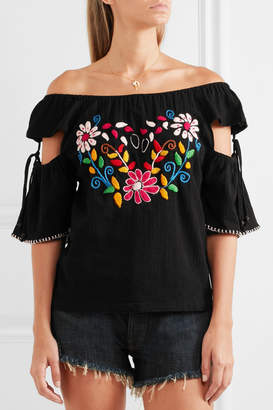 Sensi Off-the-shoulder Cutout Embroidered Crinkled-cotton Top - Black