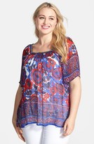 Thumbnail for your product : Lucky Brand Border Print Sheer Floral Peasant Top (Plus Size)