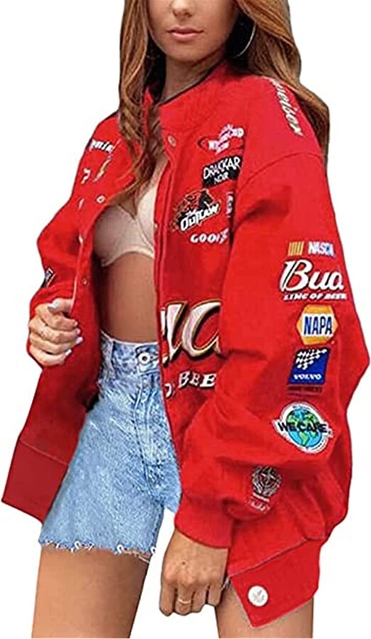 FeMereina Women Oversized Color Block Baseball Jacket Vintage Letter