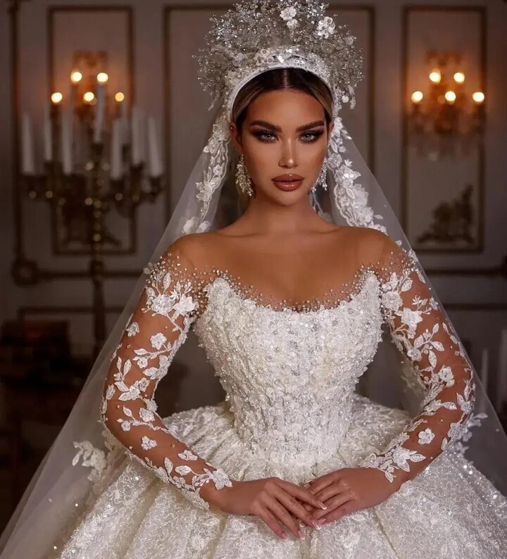 On zhu Customized 2025 Princess Wedding Dresses Vintage Beading Shinny Tulle Bridal Gown Long Sleeves Robe Elegant Luxury Pretty Dress