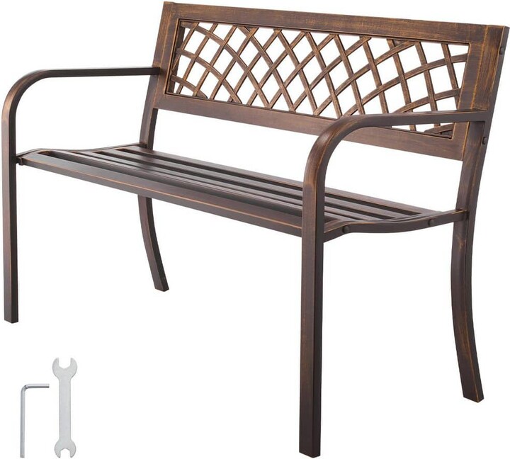 SKYSHALO 46 in. 2-Person Antique Bronze Metal Outdoor Bench, Carbon Steel Frame with PVC Mesh Backrest and Armrests, Weatherproof